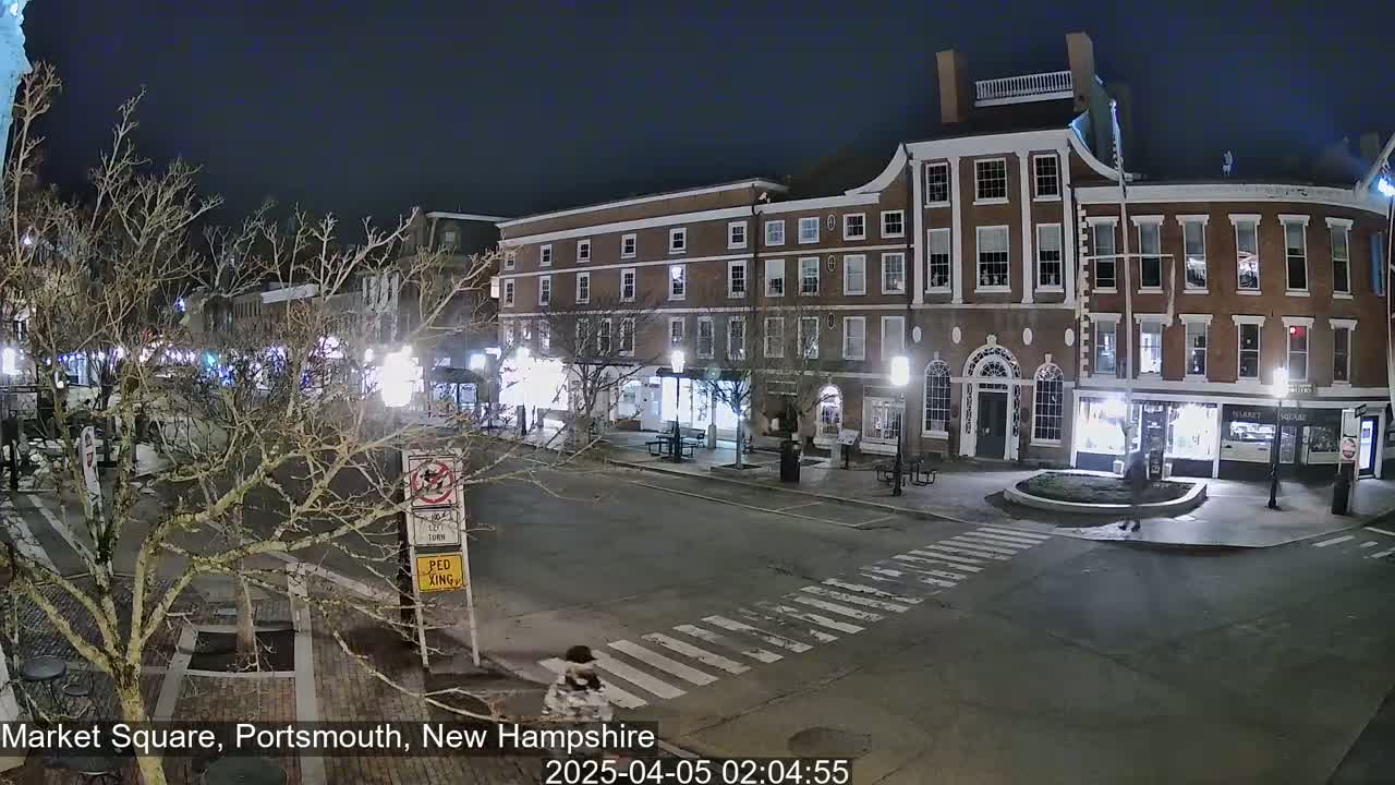 A nighttime view of a mostly empty town square with brick buildings, bare trees, and a pedestrian crossing.