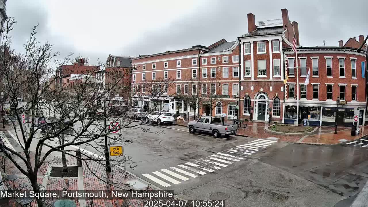 A rainy day scene shows a brick street with several cars parked and driving past older brick buildings and bare trees.