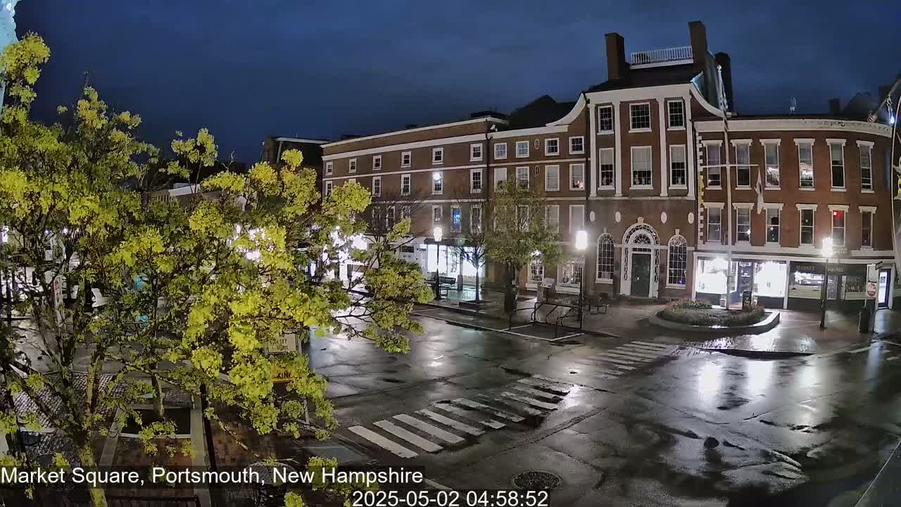 A wet, nighttime street scene shows a row of brick buildings with trees in full leaf and streetlights illuminating a mostly empty square.