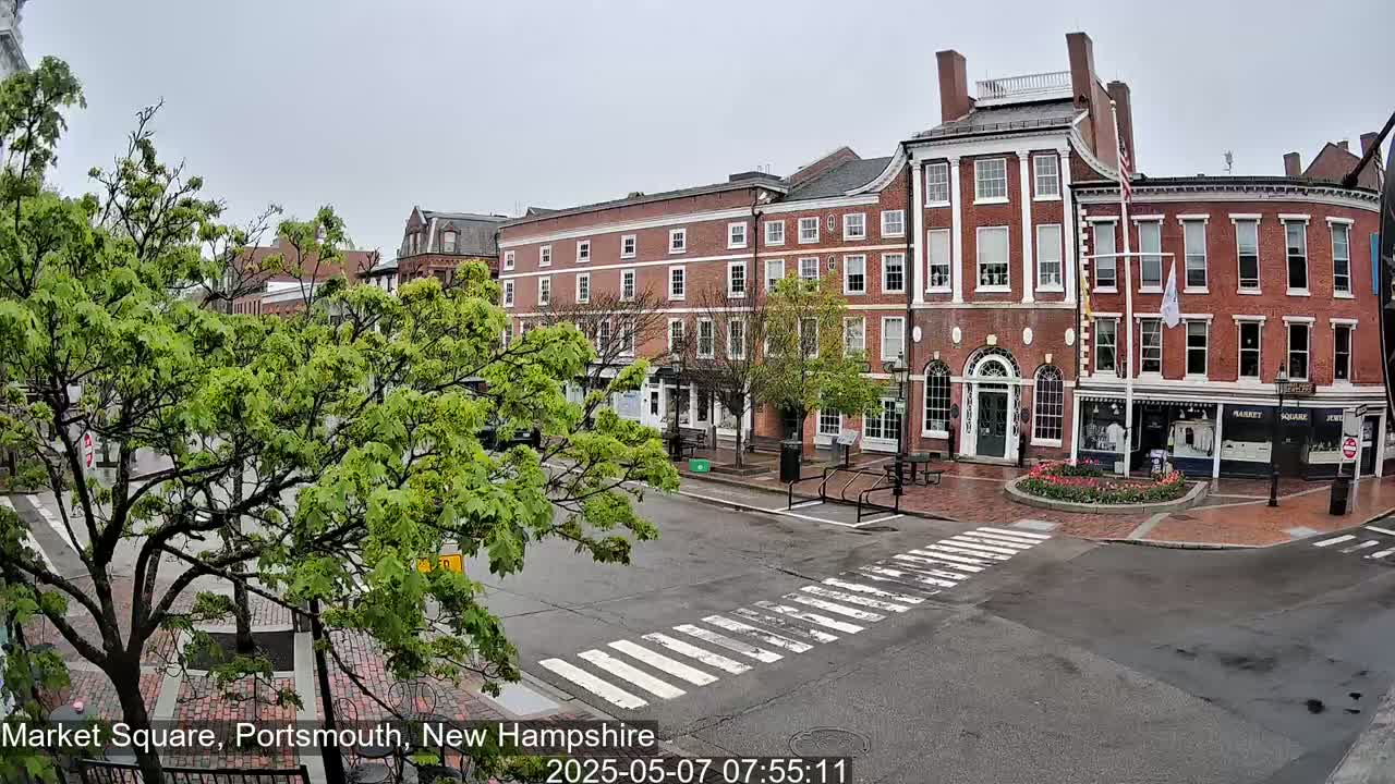 A street-level view of a brick town square on an overcast day, showing a crosswalk, several multi-story buildings, and lush green trees.