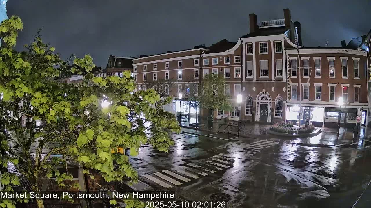 A nighttime view of a rain-slicked town square with a brick building and lush green trees.