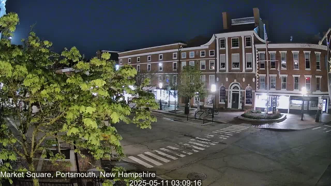 A nighttime view of a brick building and a town square with a leafy tree in the foreground.
