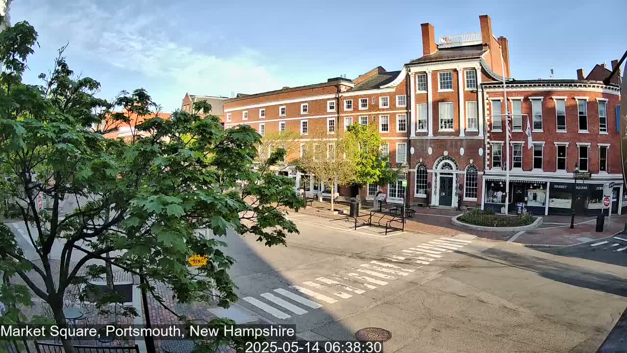 A sunny day reveals a brick building and town square with crosswalks and several trees in leaf.