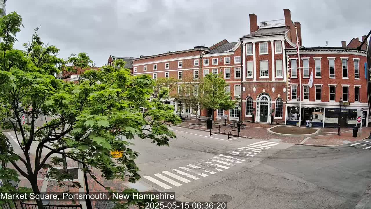 A brick building and shops line a street corner in a square, under an overcast sky, with green trees and a pedestrian crossing visible.