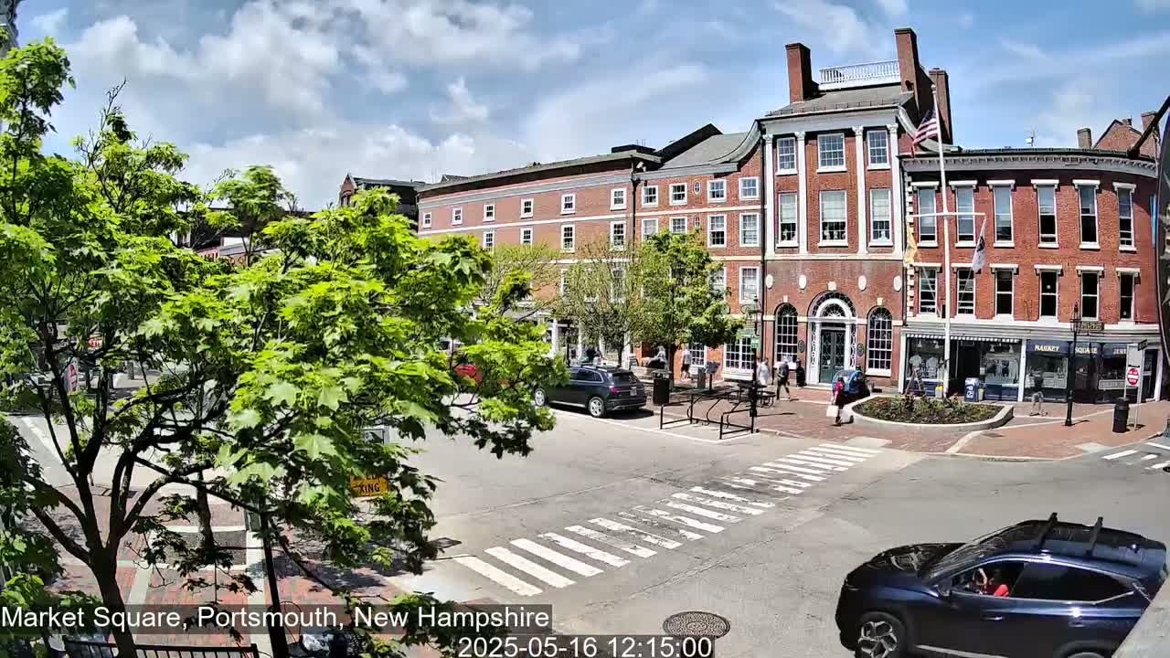 A sunny day in a brick-building town square shows a pedestrian crosswalk, several cars, and green trees in bloom.