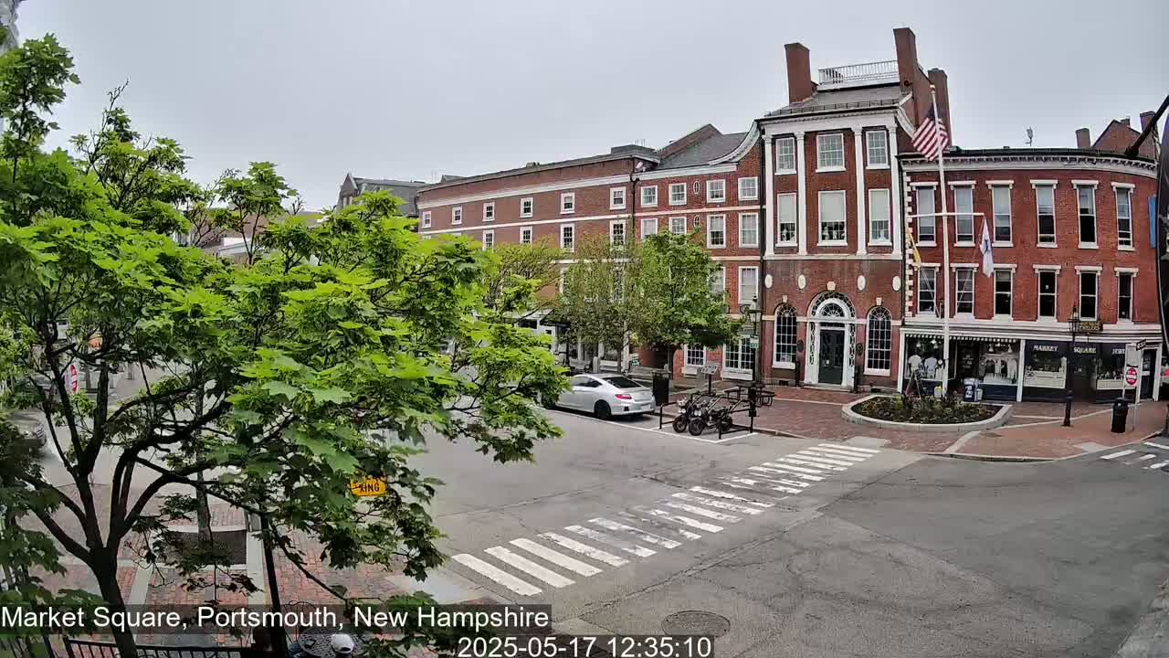 A street scene on an overcast day shows brick buildings, lush green trees, a pedestrian crossing, and a silver car parked near some bicycles.
