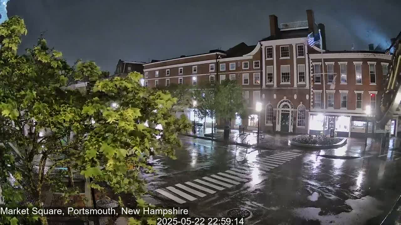A nighttime, rain-slicked town square with brick buildings and lush green trees under a dark sky.