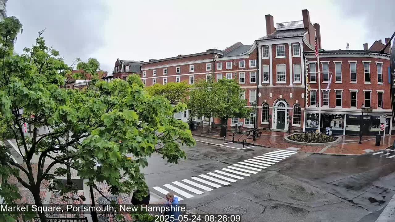 A wet Market Square in Portsmouth, New Hampshire, features several brick buildings and lush green trees under an overcast sky.