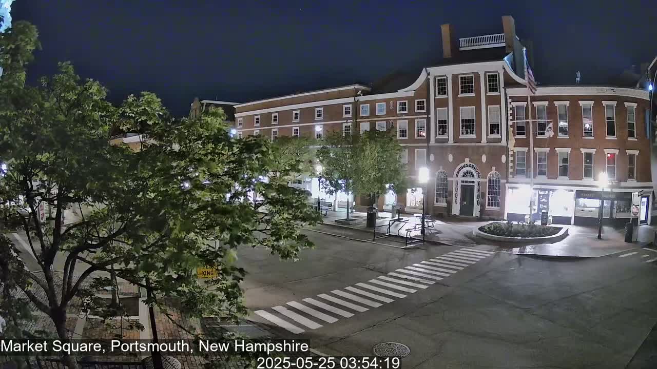 A nighttime view of a town square with brick buildings, leafy trees, and a crosswalk, under a clear, dark sky.