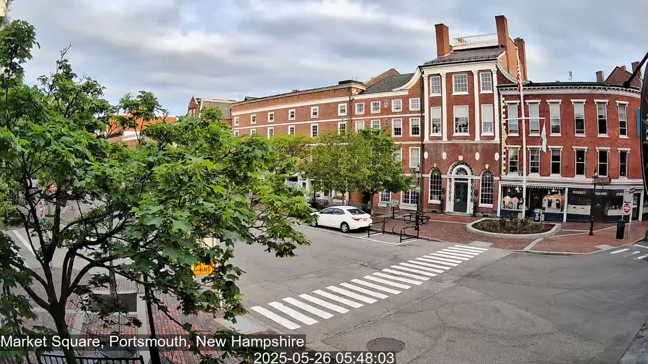 A partly cloudy day reveals a brick building and street scene, with a white car parked nearby and a crosswalk in the foreground.