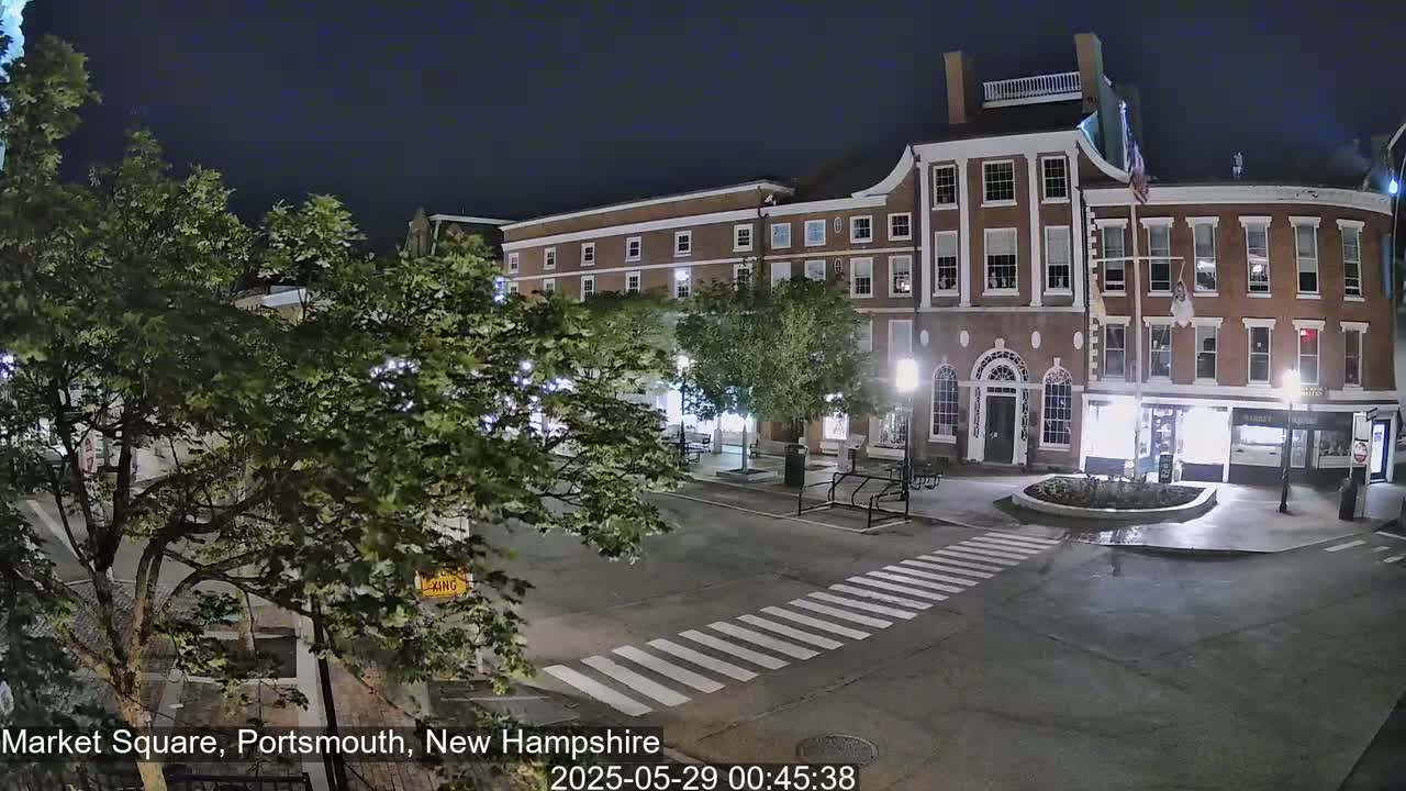 A nighttime view of a mostly empty town square with brick buildings, trees, and a crosswalk.