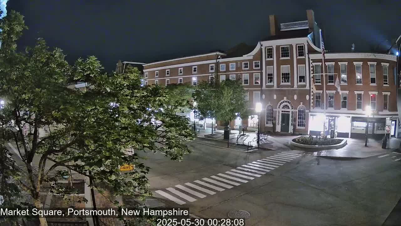 A nighttime view of a town square with brick buildings, streetlights, and trees, under a clear dark sky.