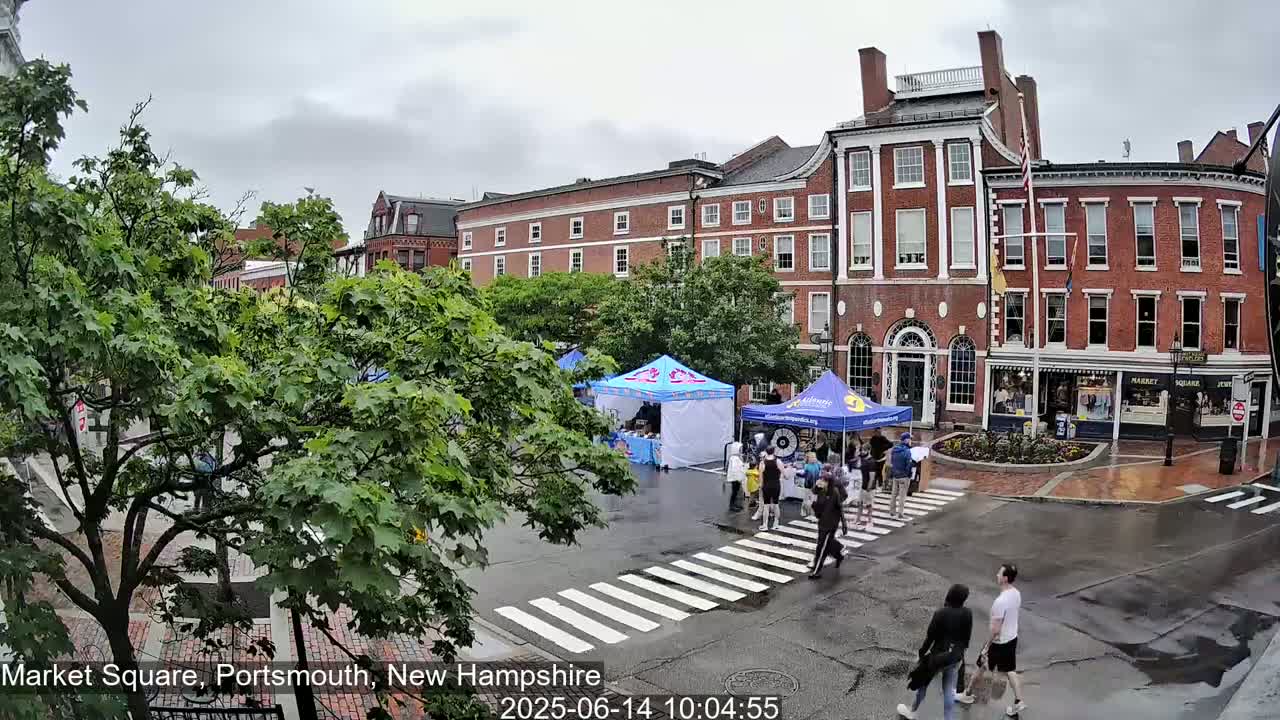 A wet Market Square in Portsmouth, New Hampshire, shows several people crossing a street in front of brick buildings with market stalls set up under canopies.