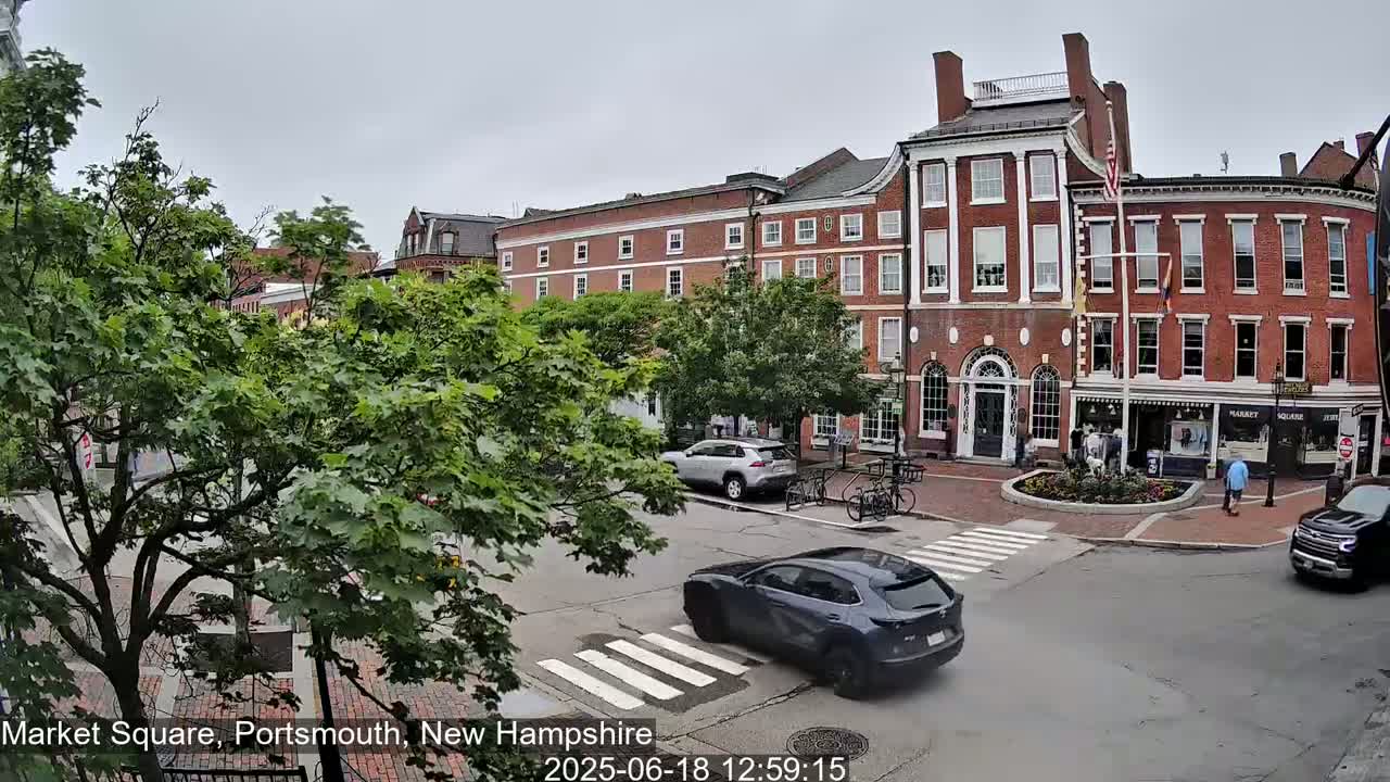 A street scene shows a brick building, several cars, and lush green trees under an overcast sky.