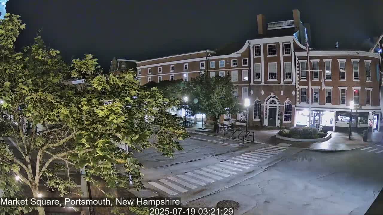 A nighttime view of a town square with brick buildings, streetlights, and green trees under a dark sky.