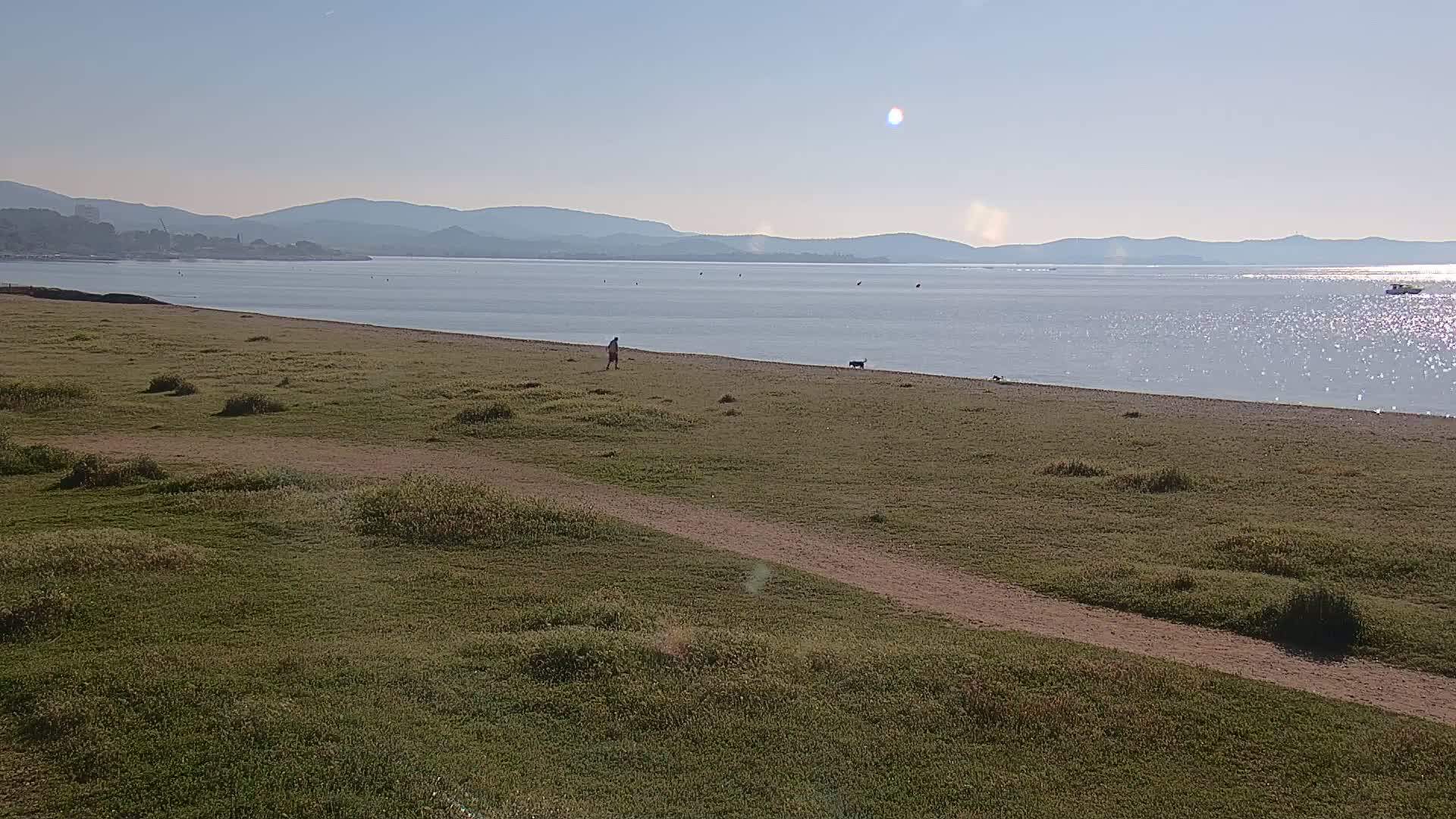 A person walks a dog on a grassy beach near calm, sunlit water under a clear sky and distant mountains.