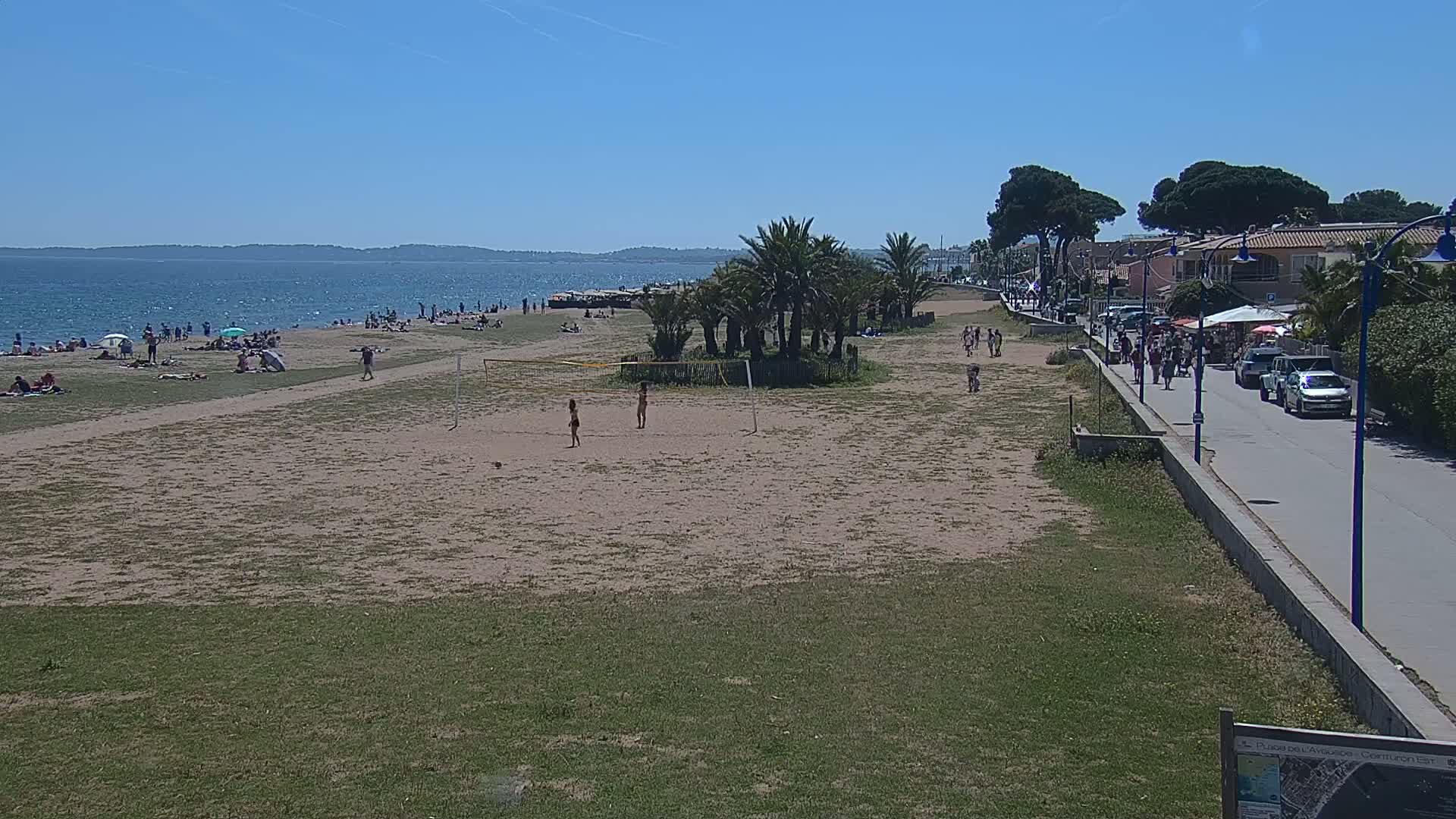 A sandy beach with people sunbathing and playing volleyball, palm trees, and a paved walkway beside buildings under a clear blue sky.