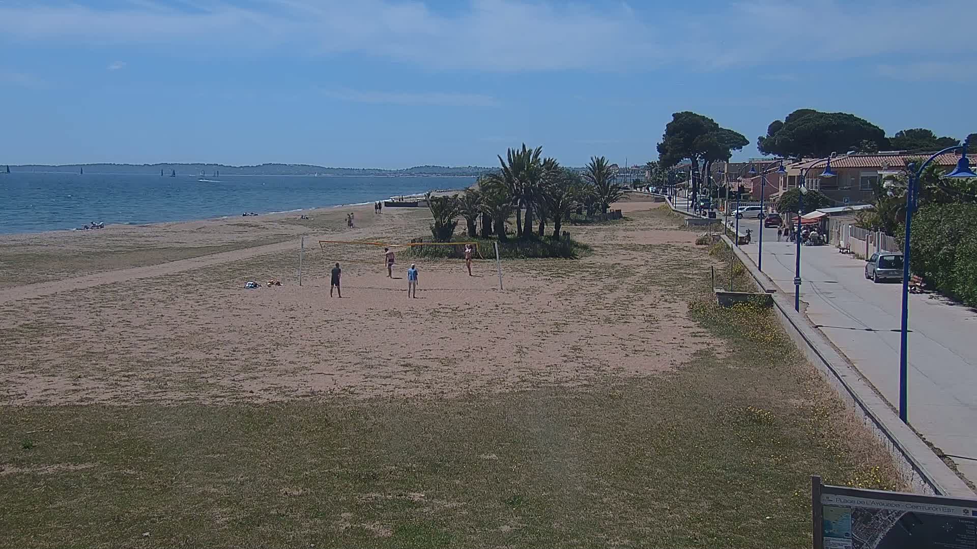 A sandy beach with a volleyball game in progress, palm trees, and a residential area visible in the background under a sunny sky.