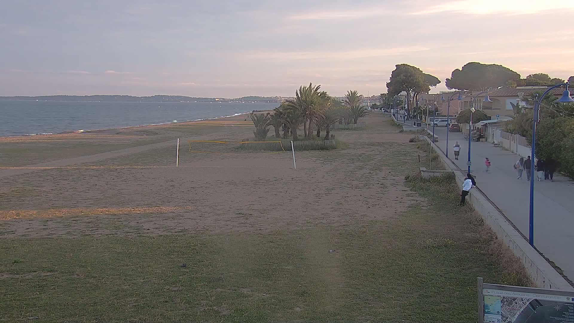 A sandy beach with palm trees and a paved walkway stretches along a calm ocean under a partly cloudy sky.