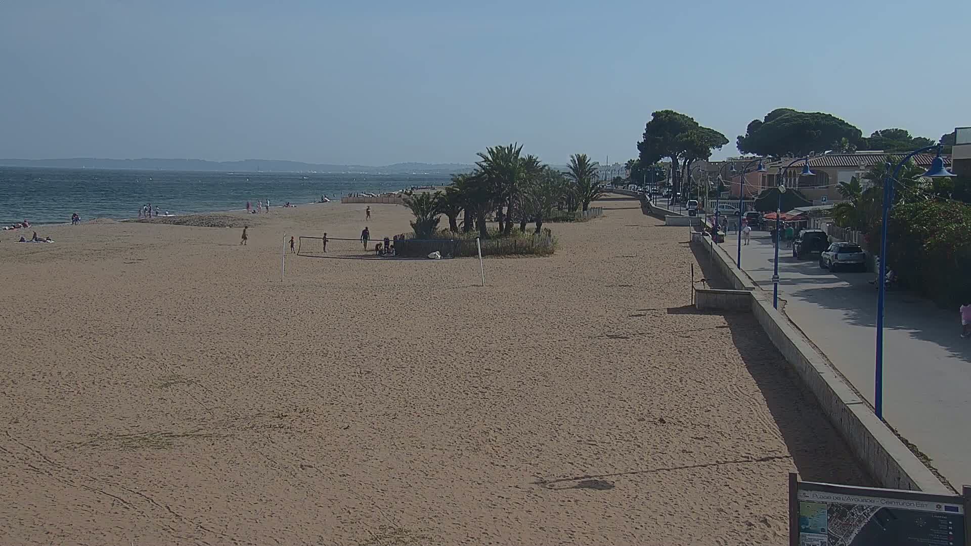 A sandy beach with a few people on it stretches along a calm sea under a clear sky, next to a paved walkway lined with palm trees and buildings.