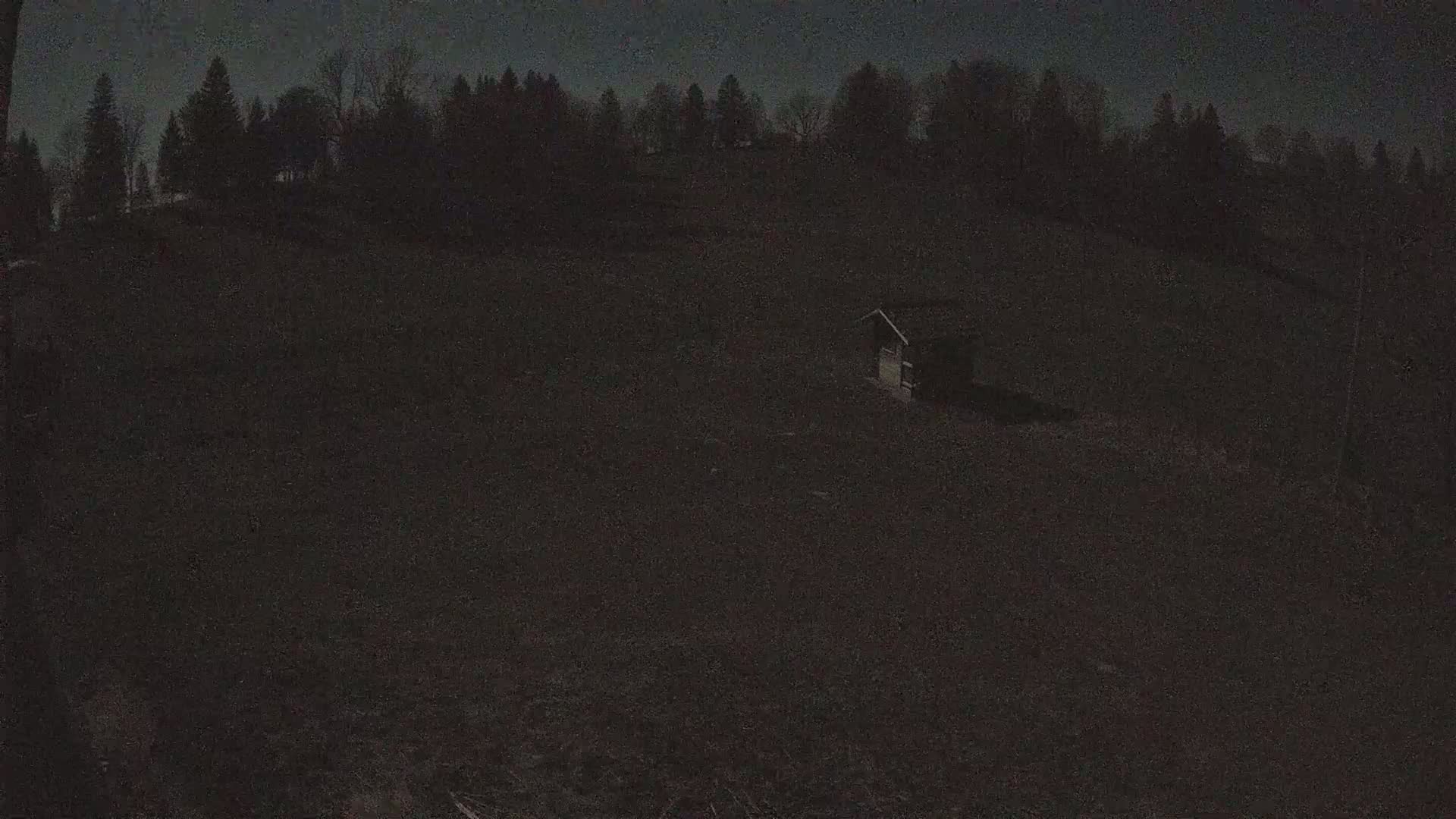 A small, dark building sits in a large, dark field under a dark night sky, silhouetted against a line of dark trees.