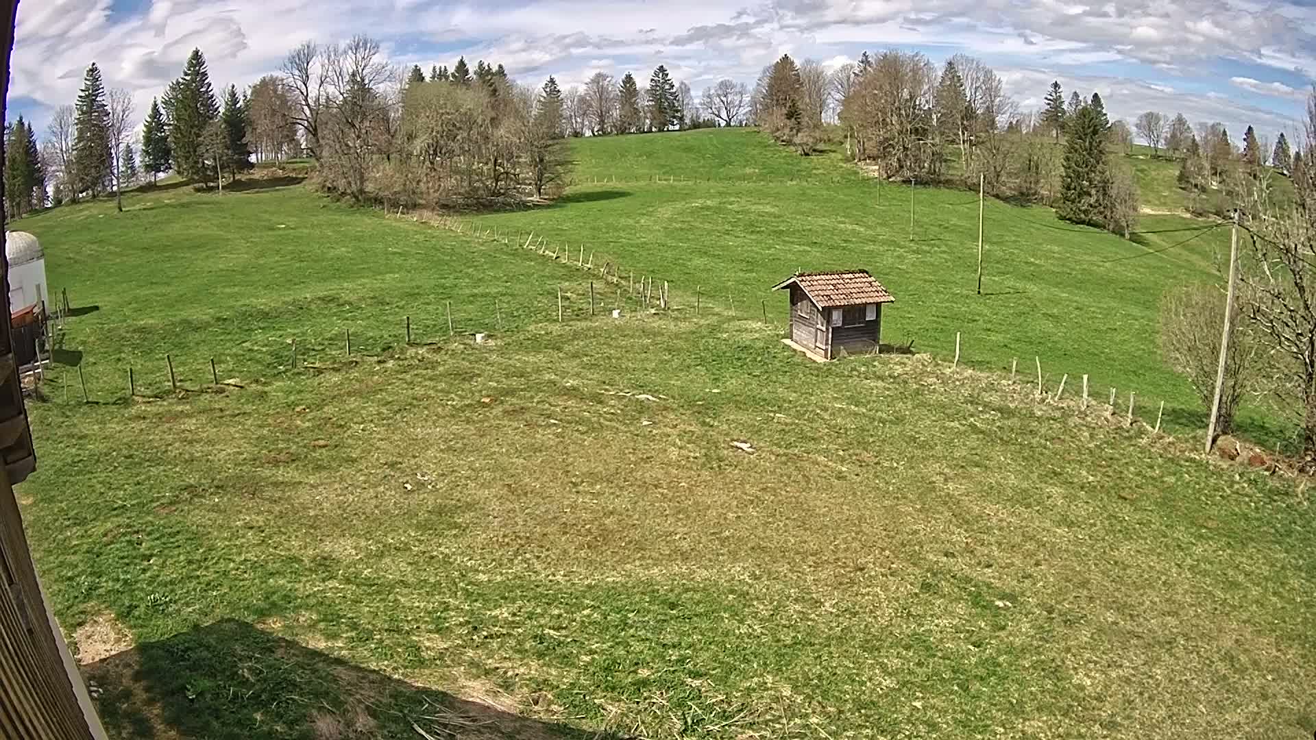 A small shed sits in a grassy field under a partly cloudy sky, surrounded by trees and utility poles on a hillside.