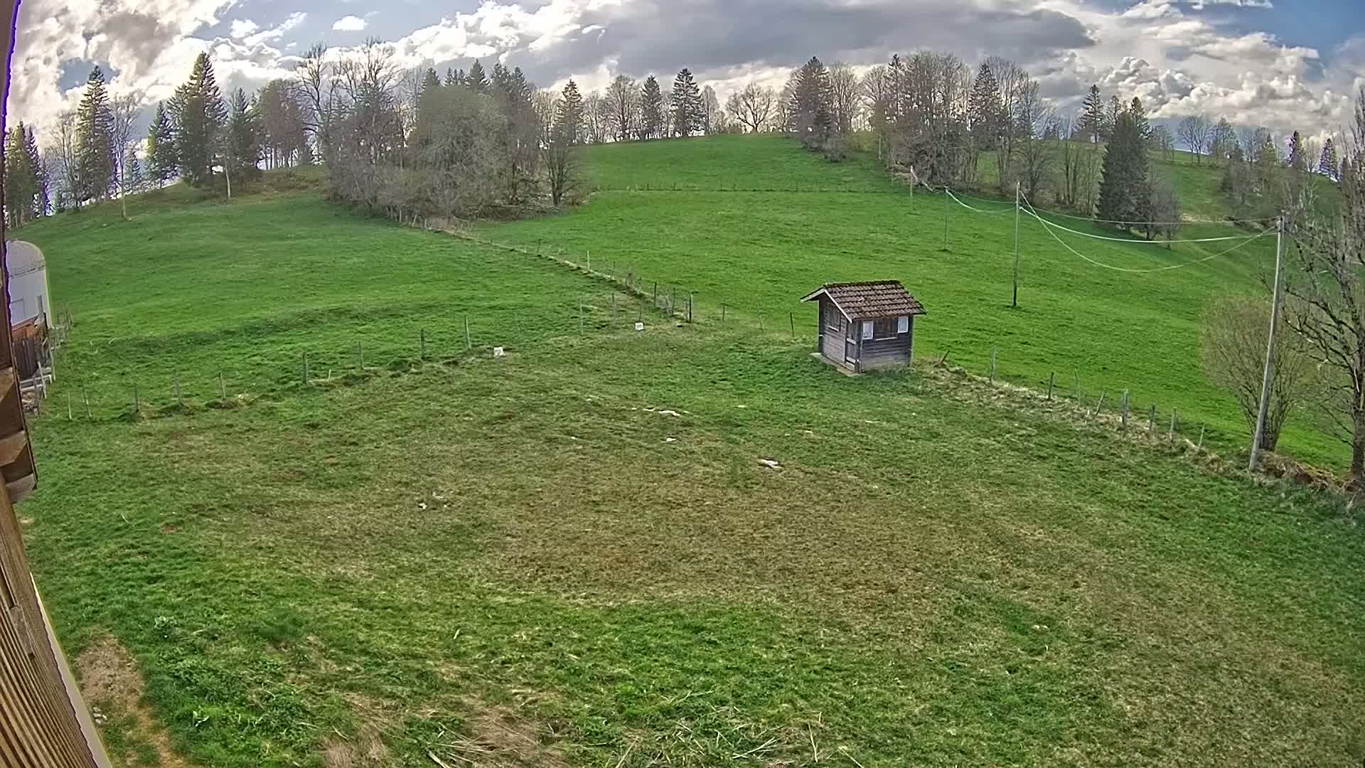 A small wooden shed sits in a grassy field under a partly cloudy sky, with a line of trees on a hill in the background.