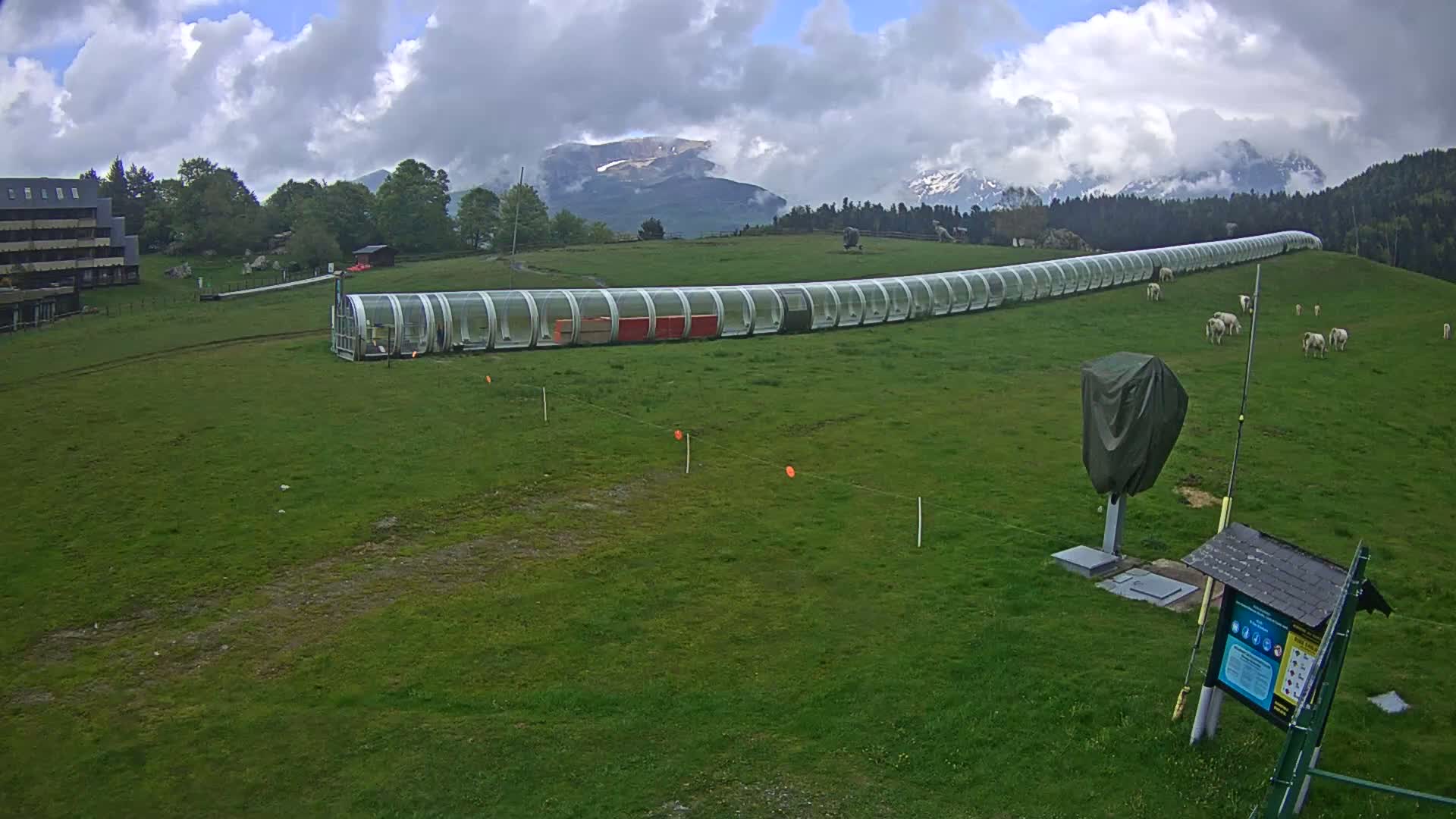 A long, transparent covered walkway stretches across a grassy field under a partly cloudy sky, with mountains in the background and some cattle grazing nearby.
