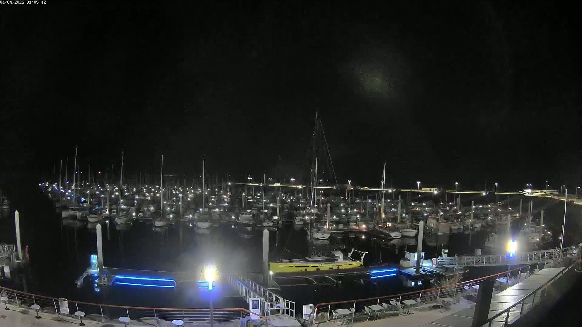 A marina at night, filled with numerous boats docked under a clear, dark sky.