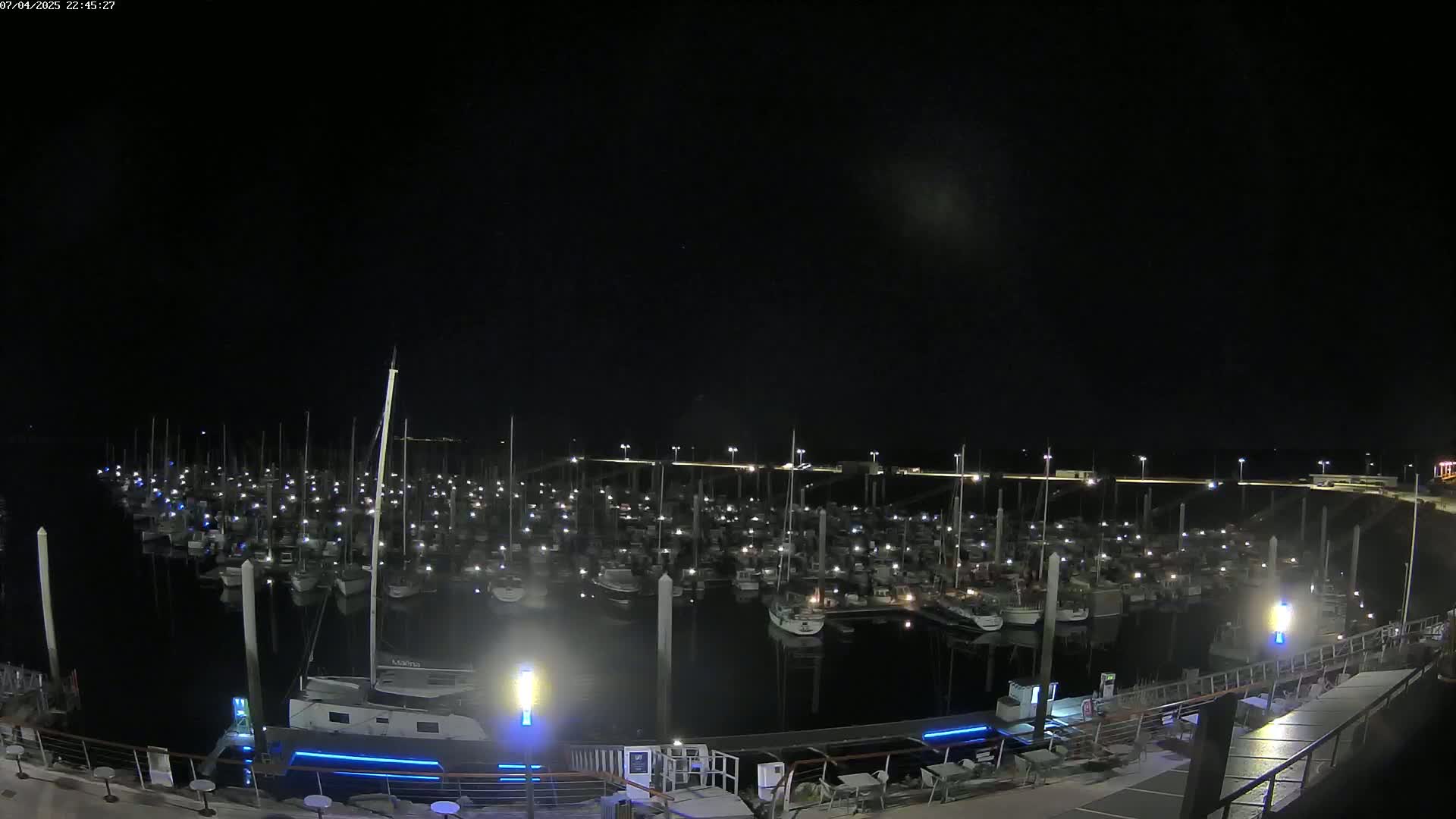A large marina filled with numerous boats at night under a dark, clear sky.