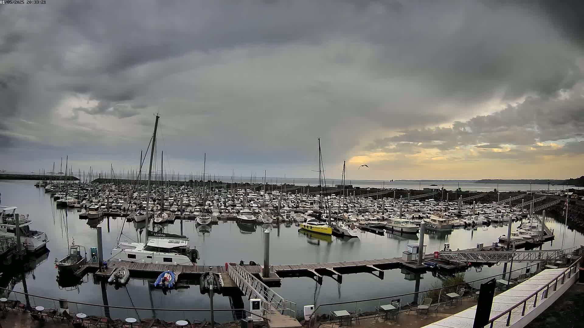 A large marina filled with numerous boats is seen under a cloudy, overcast sky.
