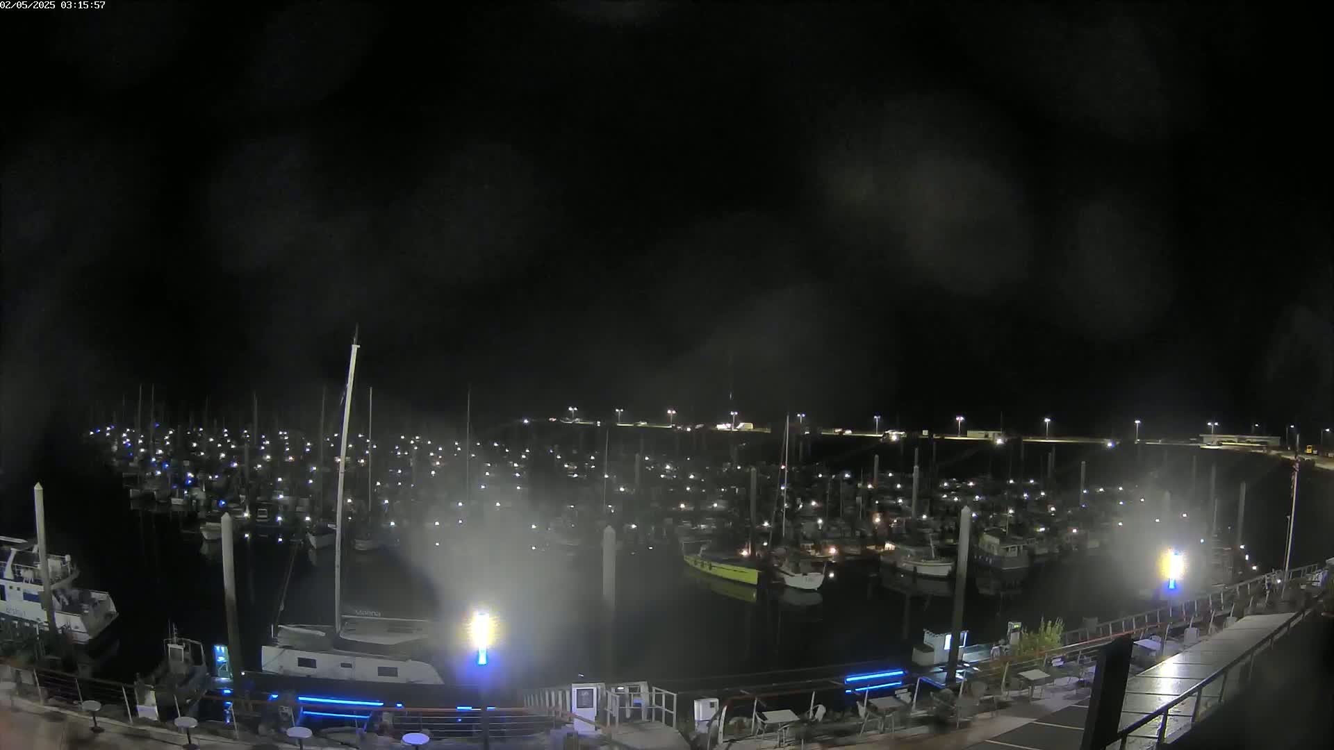 A nighttime view of a marina filled with numerous boats under a dark, hazy sky.