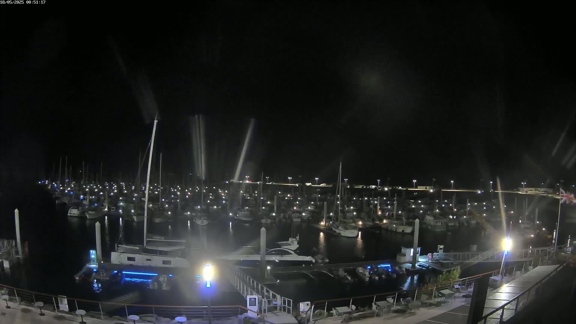 A nighttime view of a marina filled with numerous boats illuminated by lights, under a dark, clear sky.