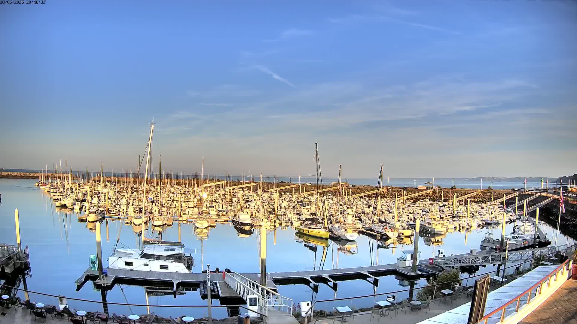 A calm marina filled with numerous boats is reflected in the still water under a clear blue sky.