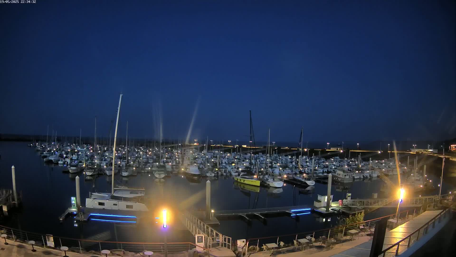 A marina filled with many boats at night under a clear, dark blue sky.