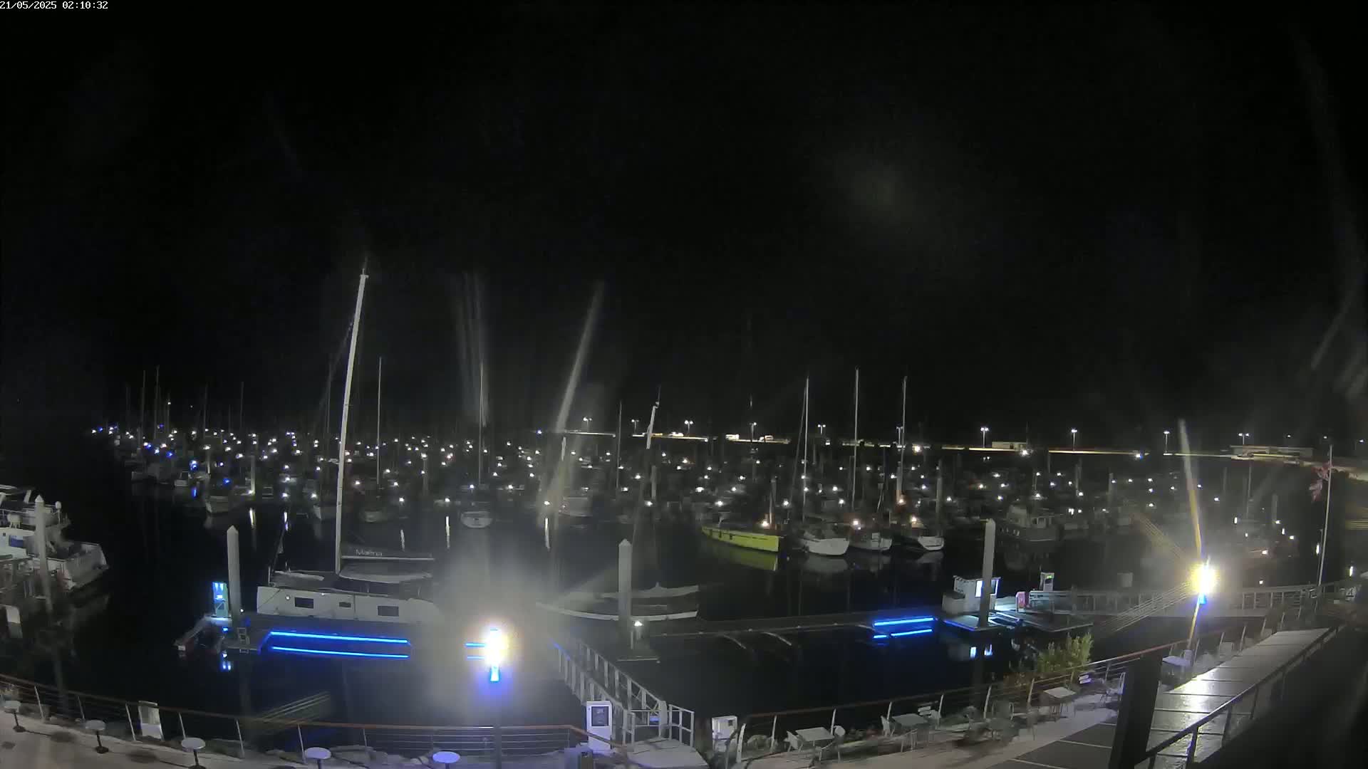 A marina filled with numerous boats is illuminated at night under a dark sky.