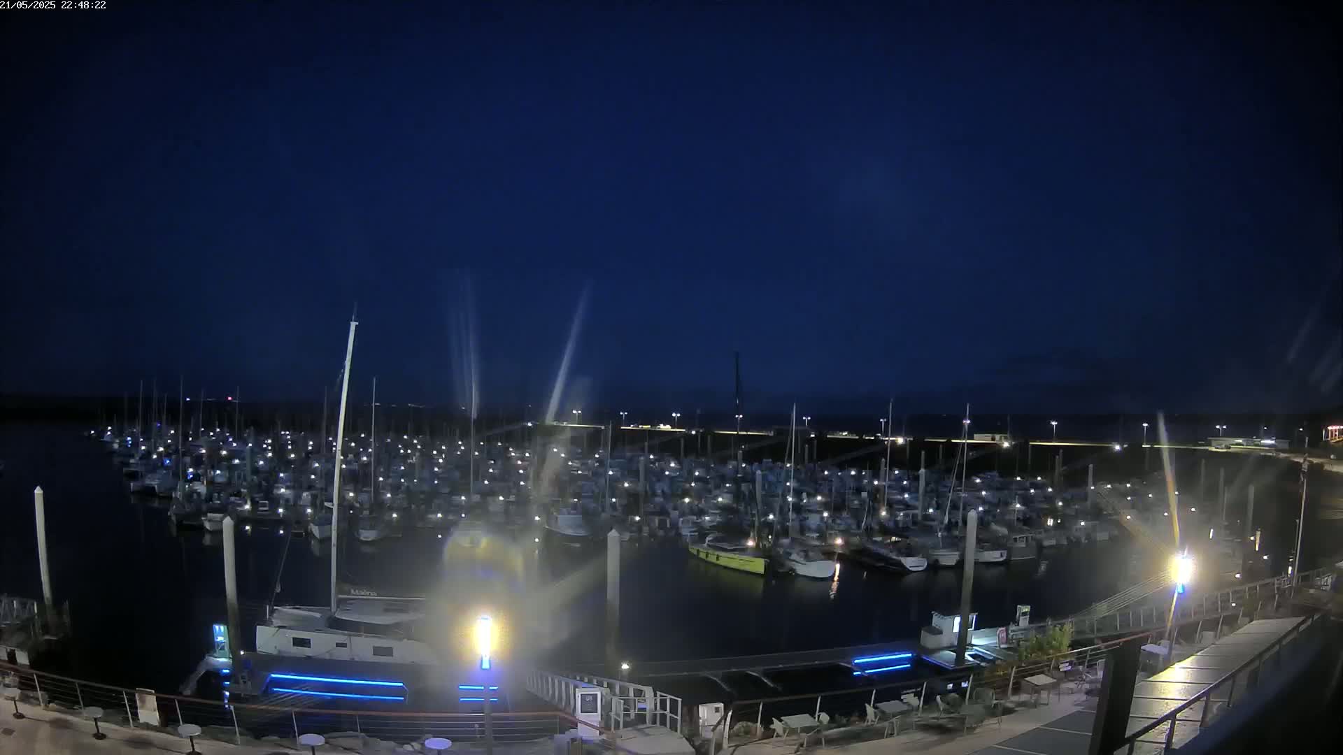 Many boats are docked in a marina at night under a clear, dark blue sky.