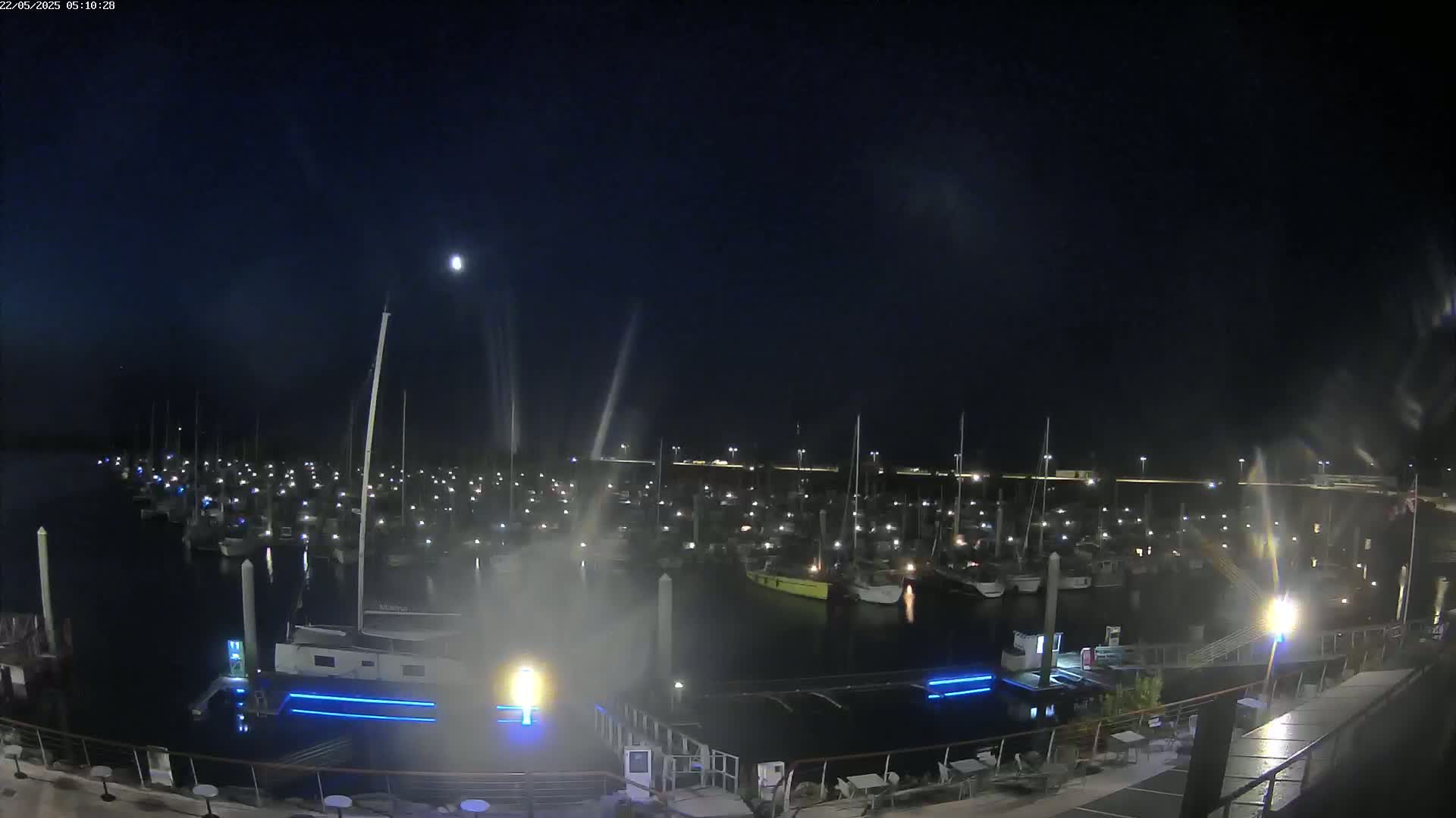 A nighttime view of a marina filled with boats, illuminated by lights, under a dark, clear sky.