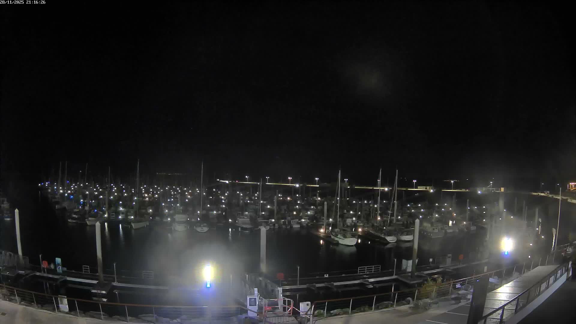A nighttime scene reveals a densely packed marina filled with numerous docked boats, illuminated by bright lights that reflect on the calm water under a dark, hazy sky.