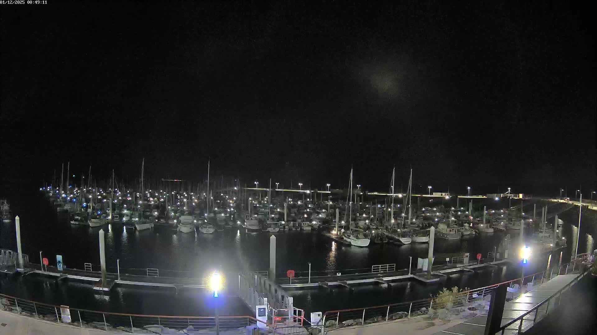The image captures a marina at night, filled with numerous brightly lit boats and docks under clear, dark skies.