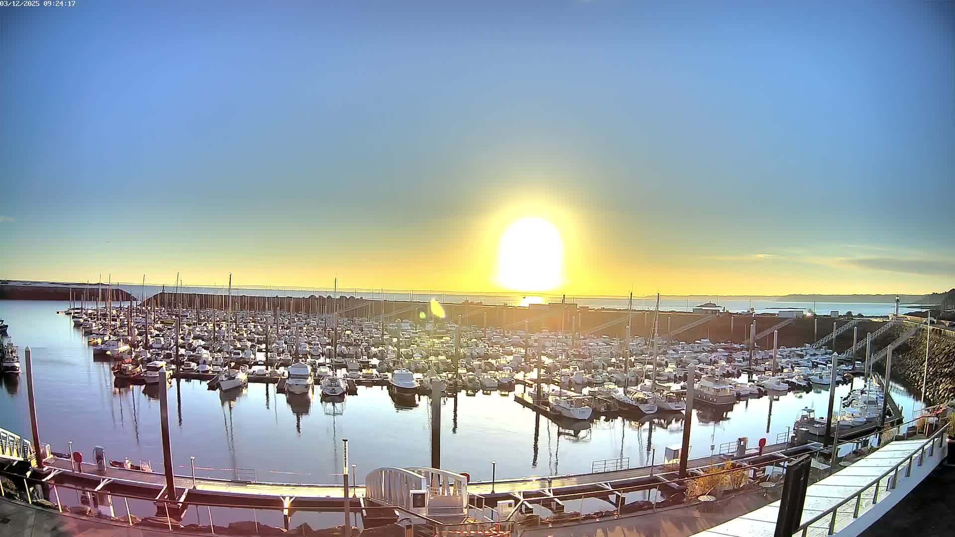 Numerous boats are docked in a calm marina under a clear, bright sky, with the sun low on the horizon casting a strong golden light across the water.