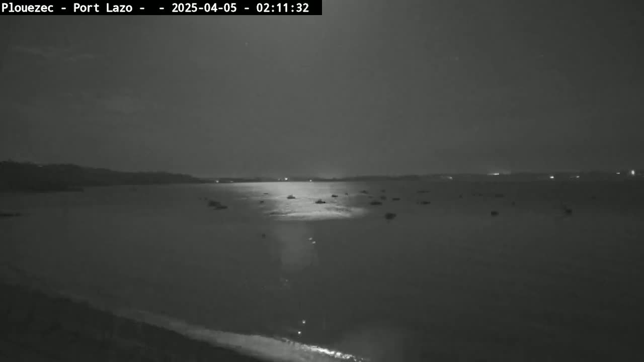 A nighttime, low-light view of a body of water with numerous small boats or vessels scattered across its surface, a shoreline visible in the foreground and background.