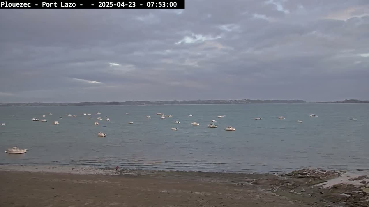 Numerous small boats are anchored in a calm bay under a cloudy sky on a sandy beach.
