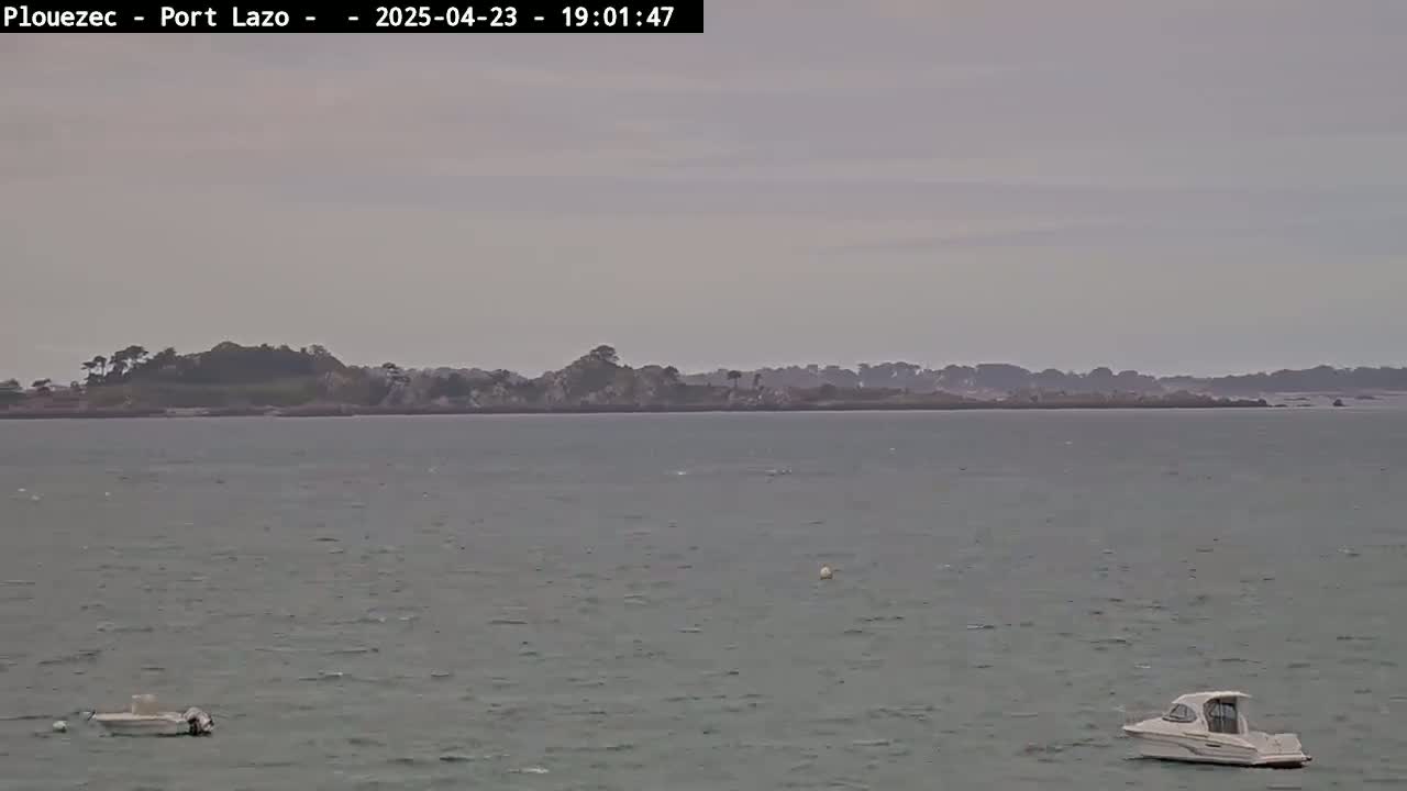 Two small motorboats are in calm, gray water in front of a distant, tree-covered island under an overcast sky.