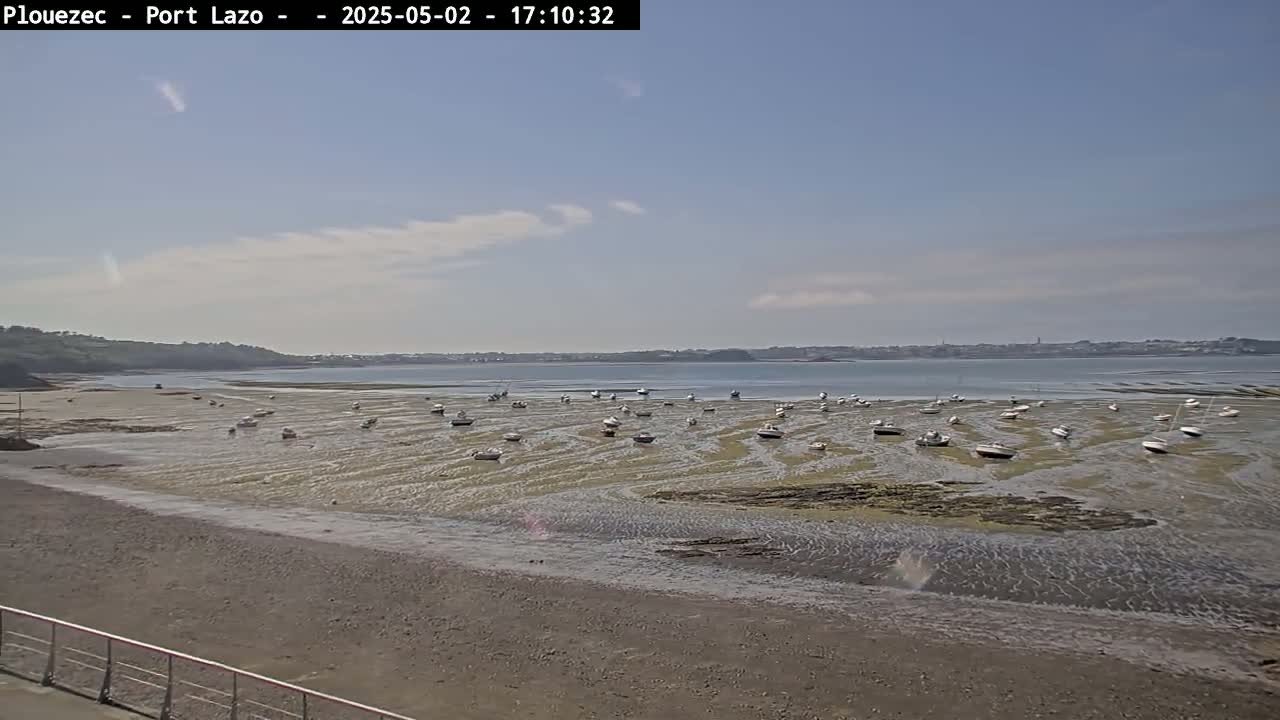 Many small boats sit in shallow, rippled water on a sandy shore under a mostly clear sky.