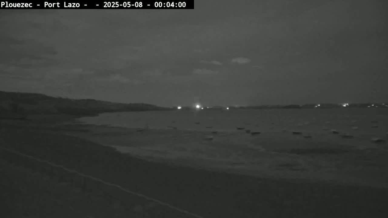 A nighttime, low-light view shows a dark body of water with several small objects scattered across it and a dark shoreline in the foreground.