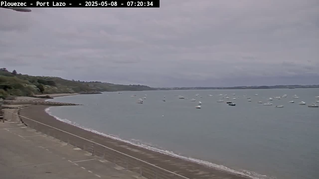 A sandy beach curves around a calm bay dotted with numerous small boats under an overcast sky.