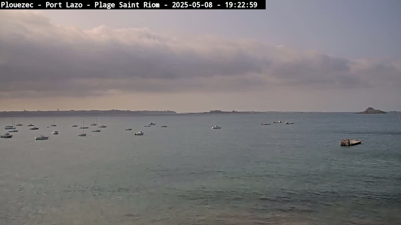 Numerous small boats are scattered across a calm body of water under a cloudy sky.