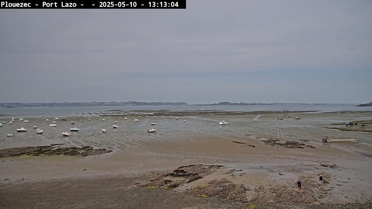 A wide, flat expanse of exposed mudflats dotted with numerous small boats under a cloudy sky.