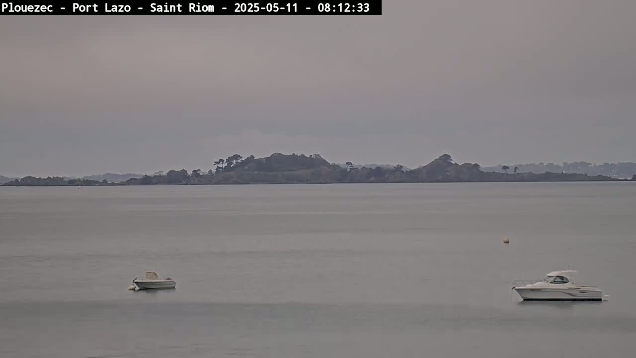 Two small motorboats are on calm, gray water in front of a distant, tree-covered landmass under an overcast sky.